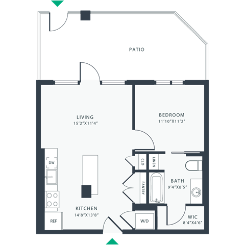 Floor plan for 1 bed, 1 bath, 697 sqft